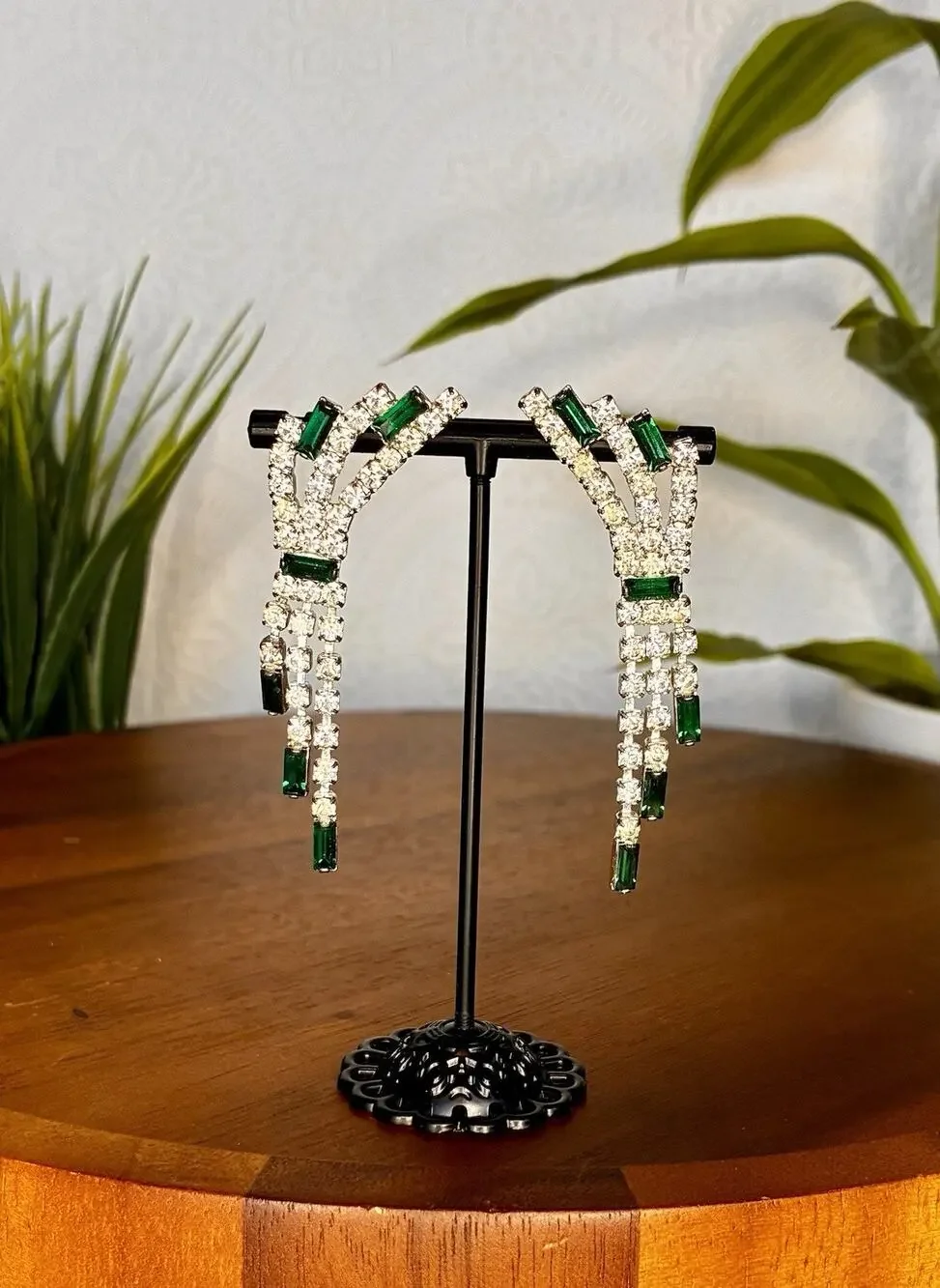 Emerald Green And Clear￼ Rhinestone Vintage Estate Stud Earrings.